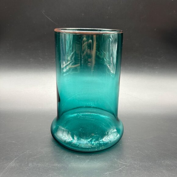 Vintage Hand Blown Teal Glass Vase Candle Holder Cadmium Glow Handmade Art Green - Picture 2 of 11